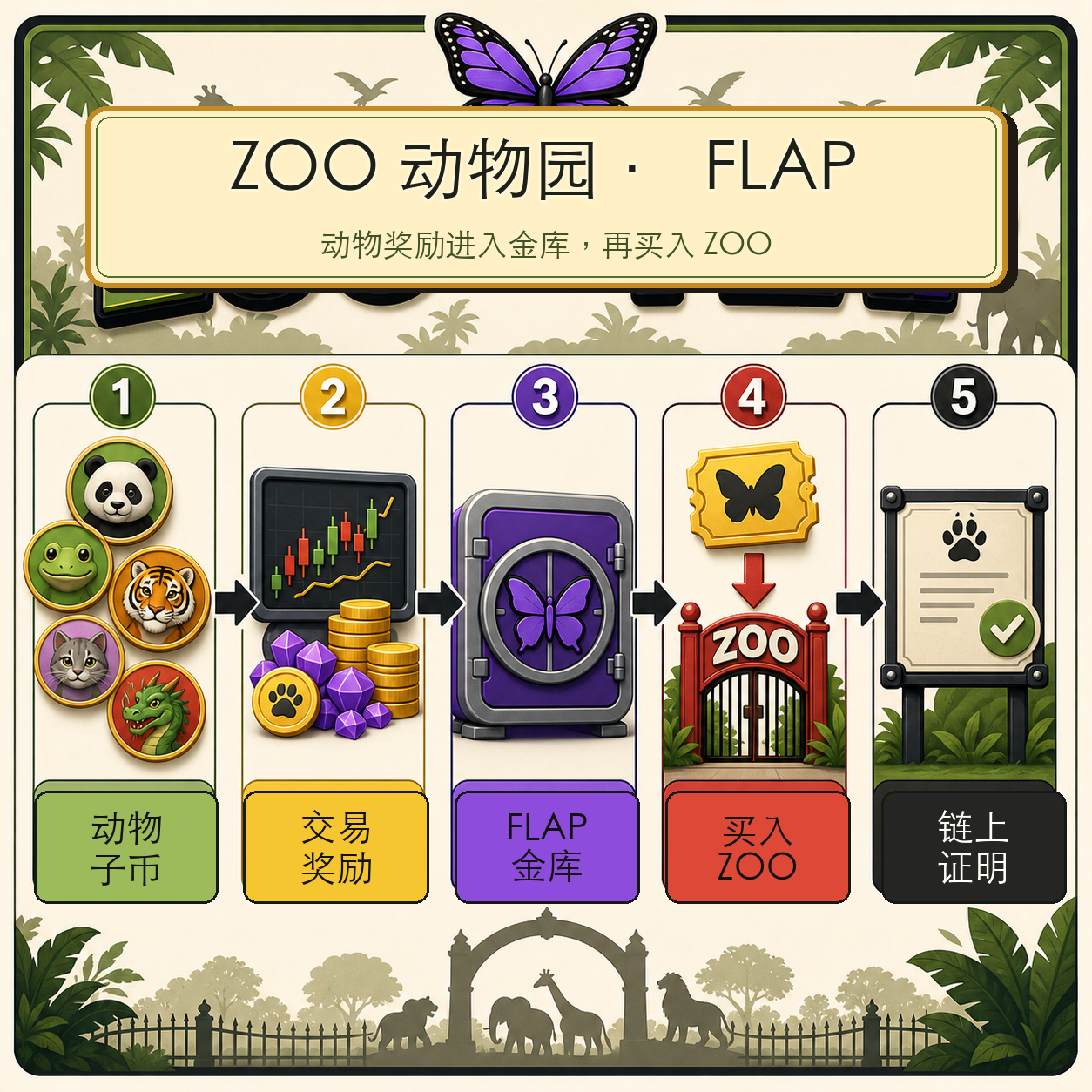 从动物子币到 FLAP 金库再到买入 $ZOO 的五步说明图。