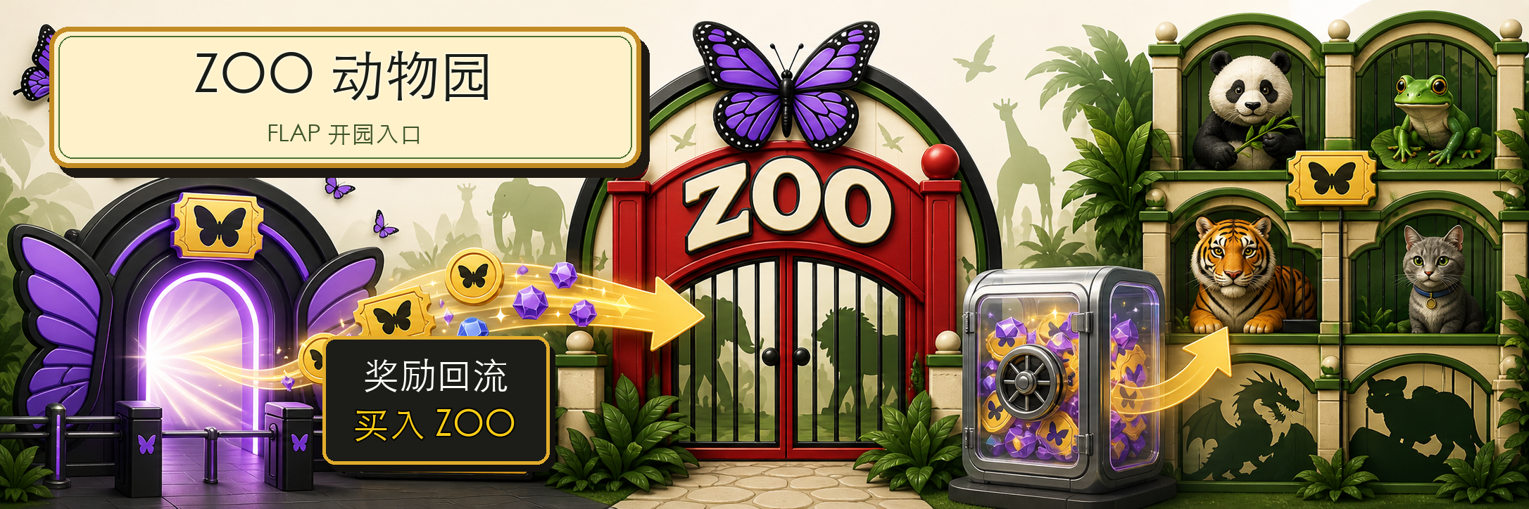 展示 FLAP、ZOO、动物展区和奖励回流的动物园横幅。